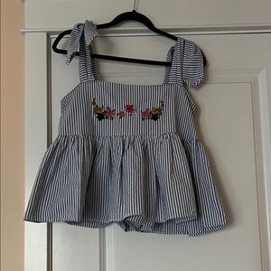 Zara Striped Tie Tank with Floral Embroidery